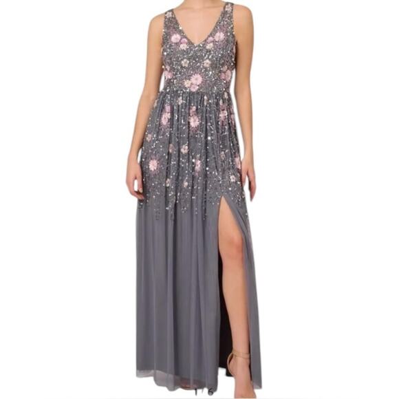 Adrianna Papell Floral Embellished V-Neck Formal Sequin Gown Size 8 NWT - Picture 2 of 15